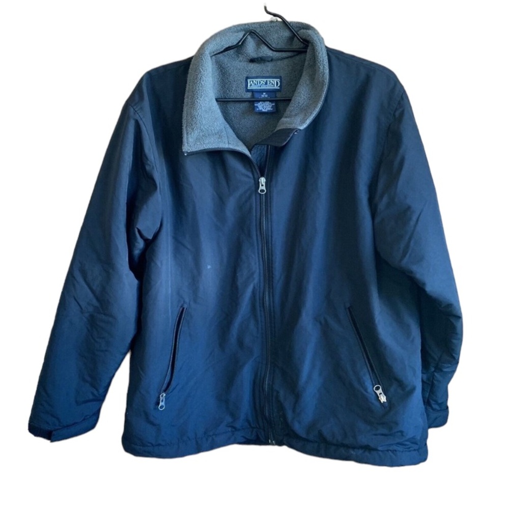 Lands' End Puffer Fleece Lined Jacket Size Medium Mens Zip Pockets Black Coat